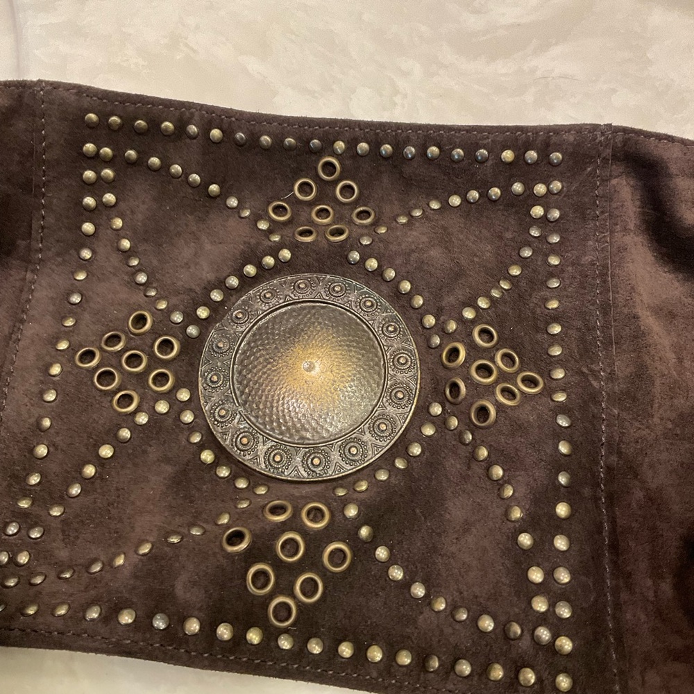 Brown suede tie belt with gold stud work and fringe by (N)ine, Handmade, NWOT - Picture 3 of 10